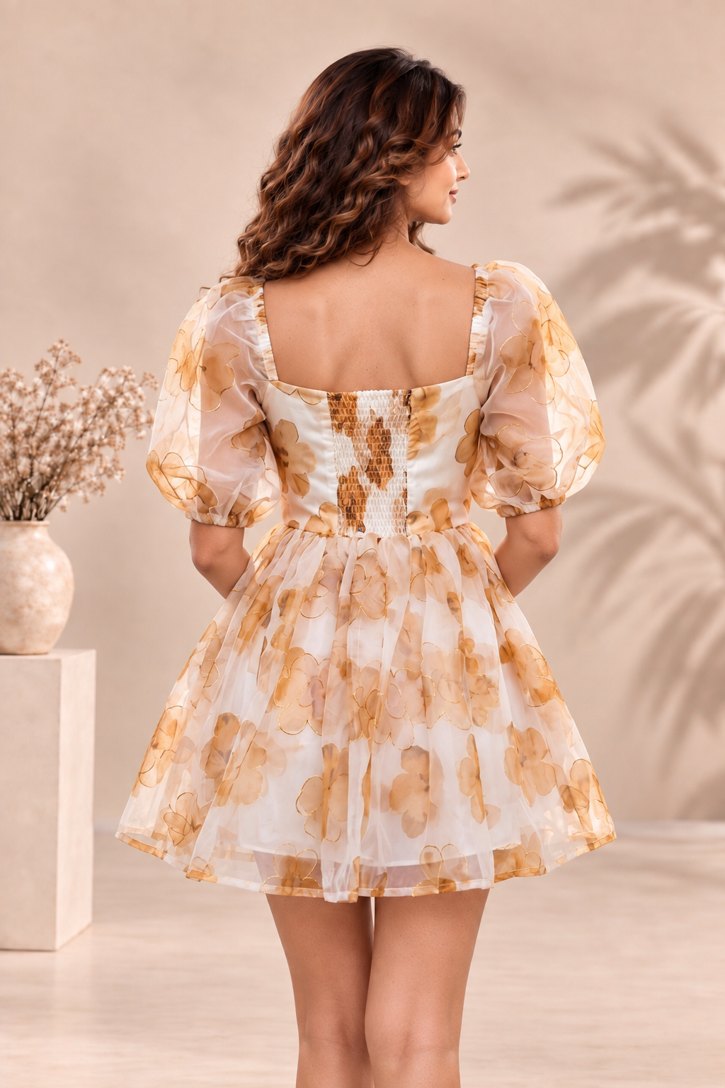 Golden Bloom Organza Mini Dress