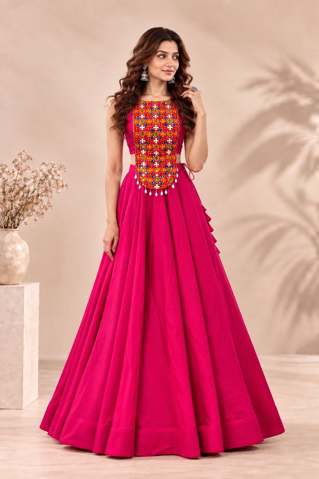 Rani Pink Navratri Lehenga Choli with Multicolored Kutchi Embroidered Top & Cowrie Shells