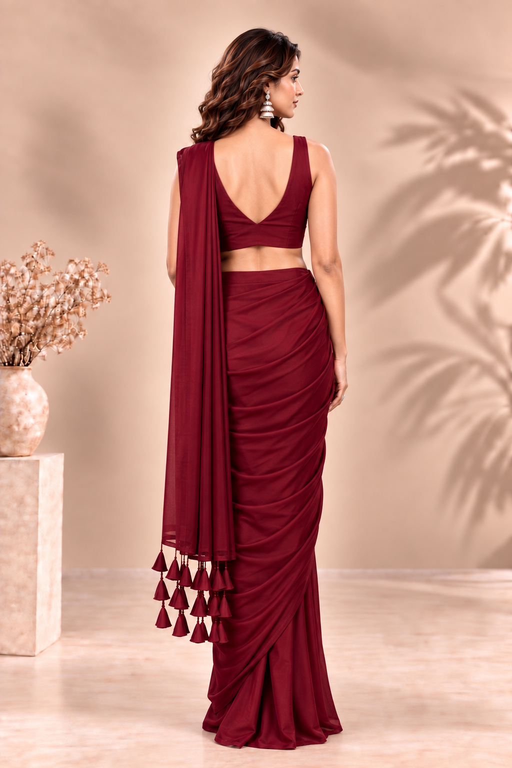 Wine Red Ready-to-Wear Saree with Embroidered Blouse