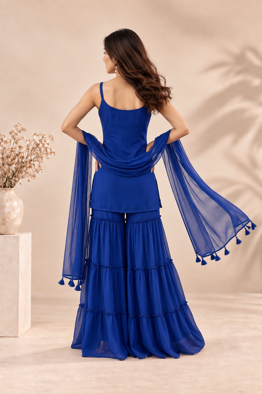 Royal Blue Floral Embroidered Sharara Suit with Sheer Dupatta