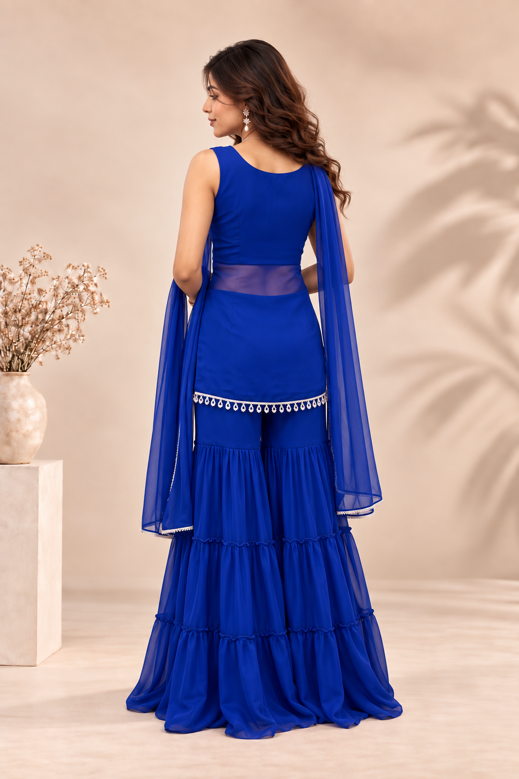 Royal Blue Designer Sharara Suit with Sheer Dupatta
