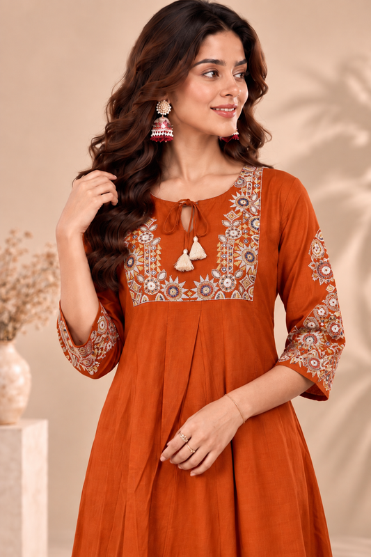 Elegant Rust Orange Embroidered Kurta Pant Set