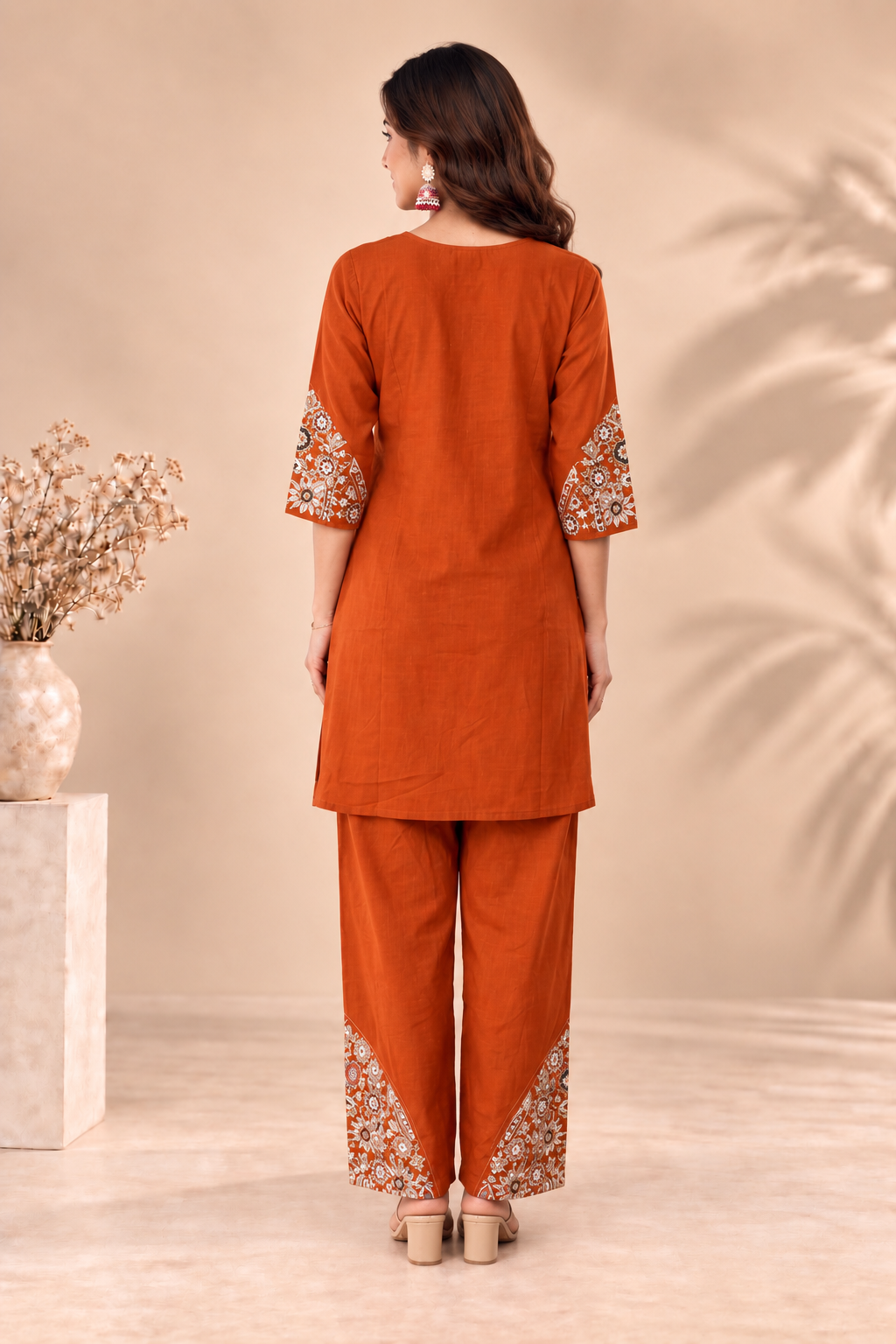 Elegant Rust Orange Embroidered Kurta Pant Set
