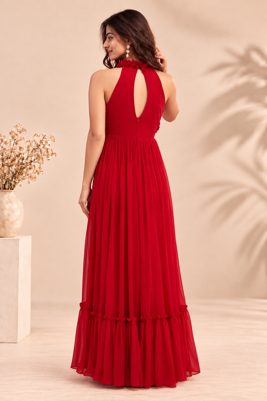 Elegant Red Halter Neck Ruffle Maxi Dress