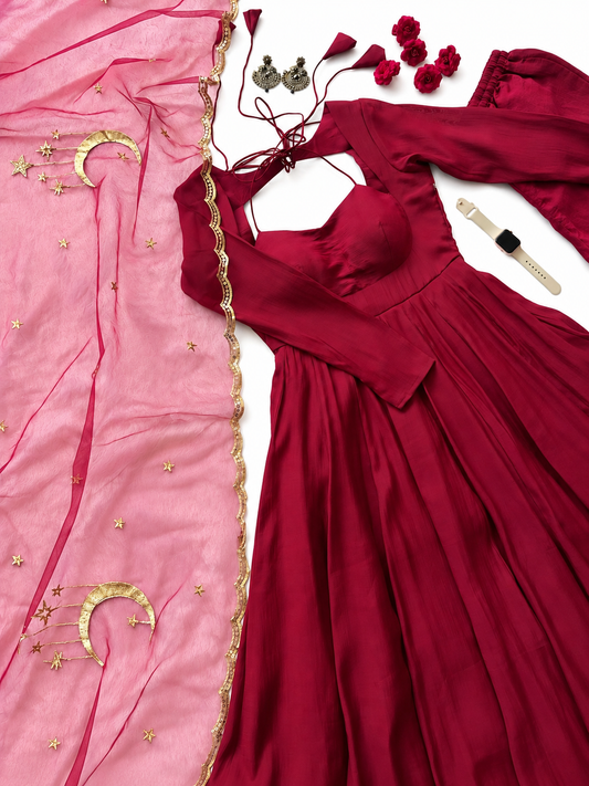Elegant Wine Maroon Anarkali Gown with Pink Dupatta