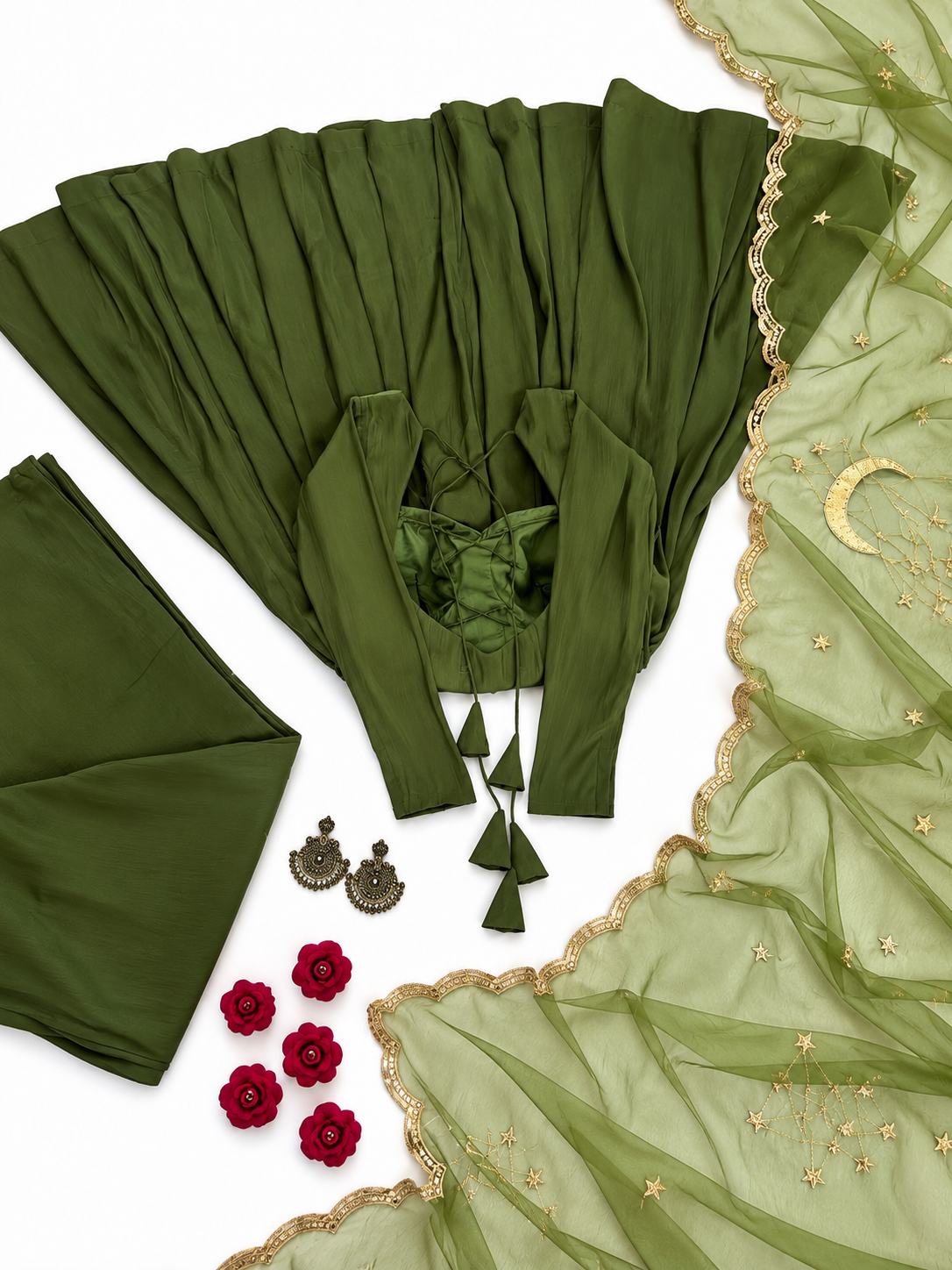 Olive Green Flared Anarkali Suit Set with Golden Moon & Star Embroidered Dupatta