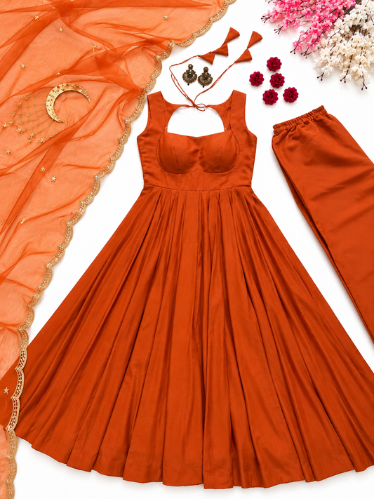 Elegant Rust Orange Anarkali Gown Set with Golden Embroidered Dupatta