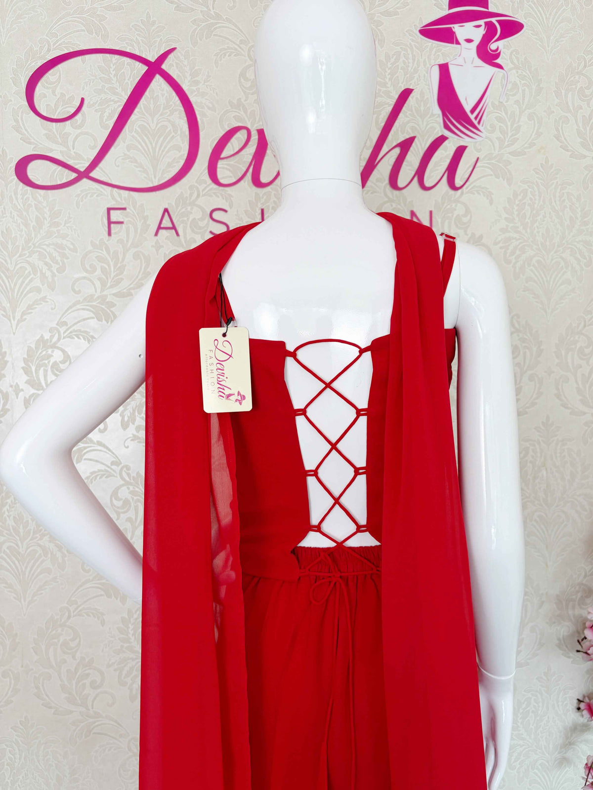 Red Beaded Halter Neck Crop Top and Flared Skirt Set - DevishaFashion