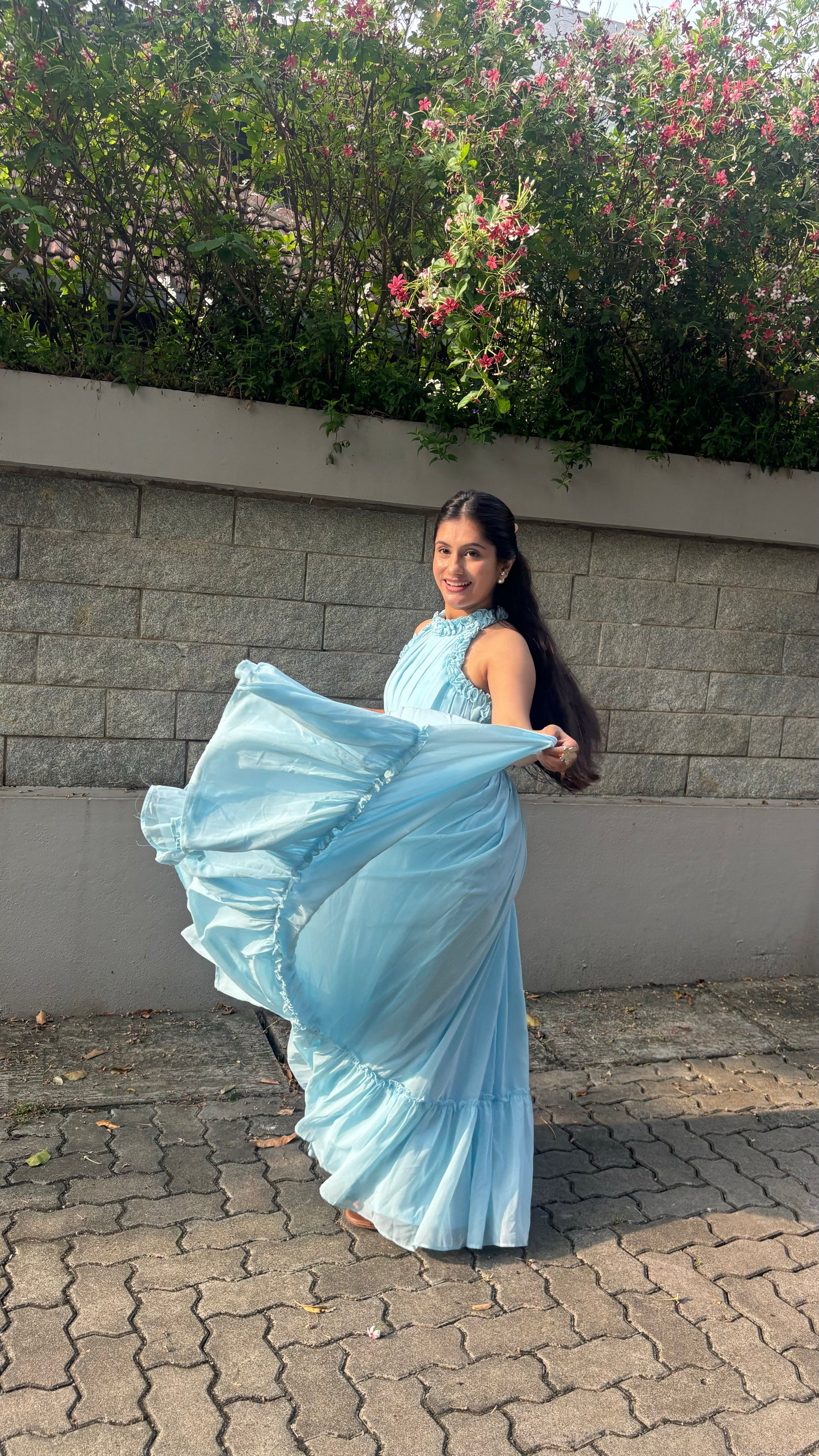 Elegant Sky Blue Halter Neck Ruffle Maxi Dress