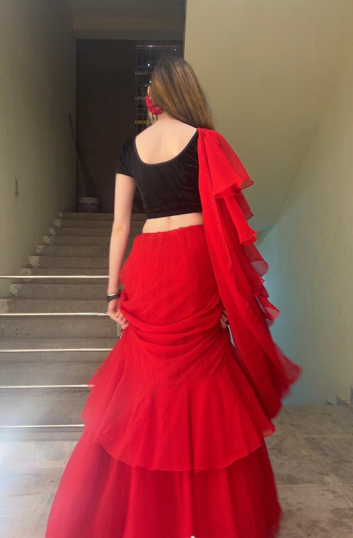 Elegant Red Ruffle Georgette Saree