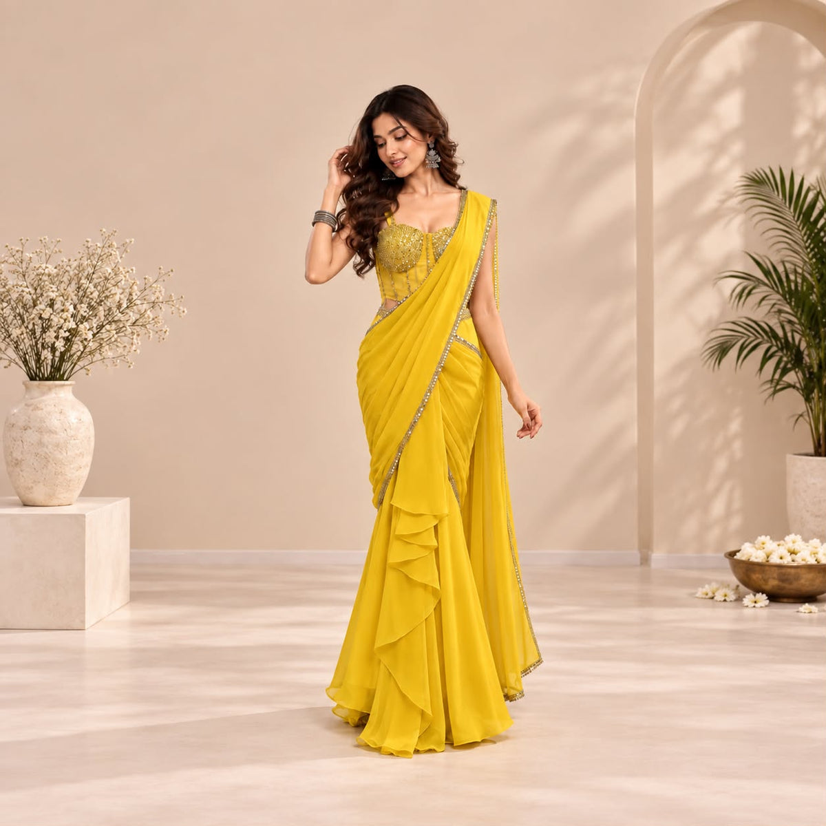 Magenta Ready-to-Wear Saree with Golden Embellished Blouse