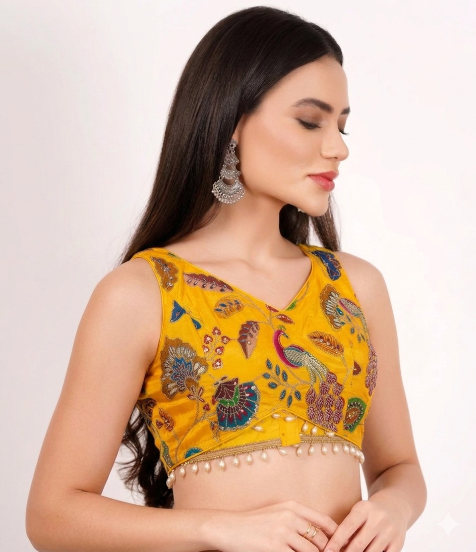 Peacock Heritage Hand-Embroidered Silk Crop Blouse