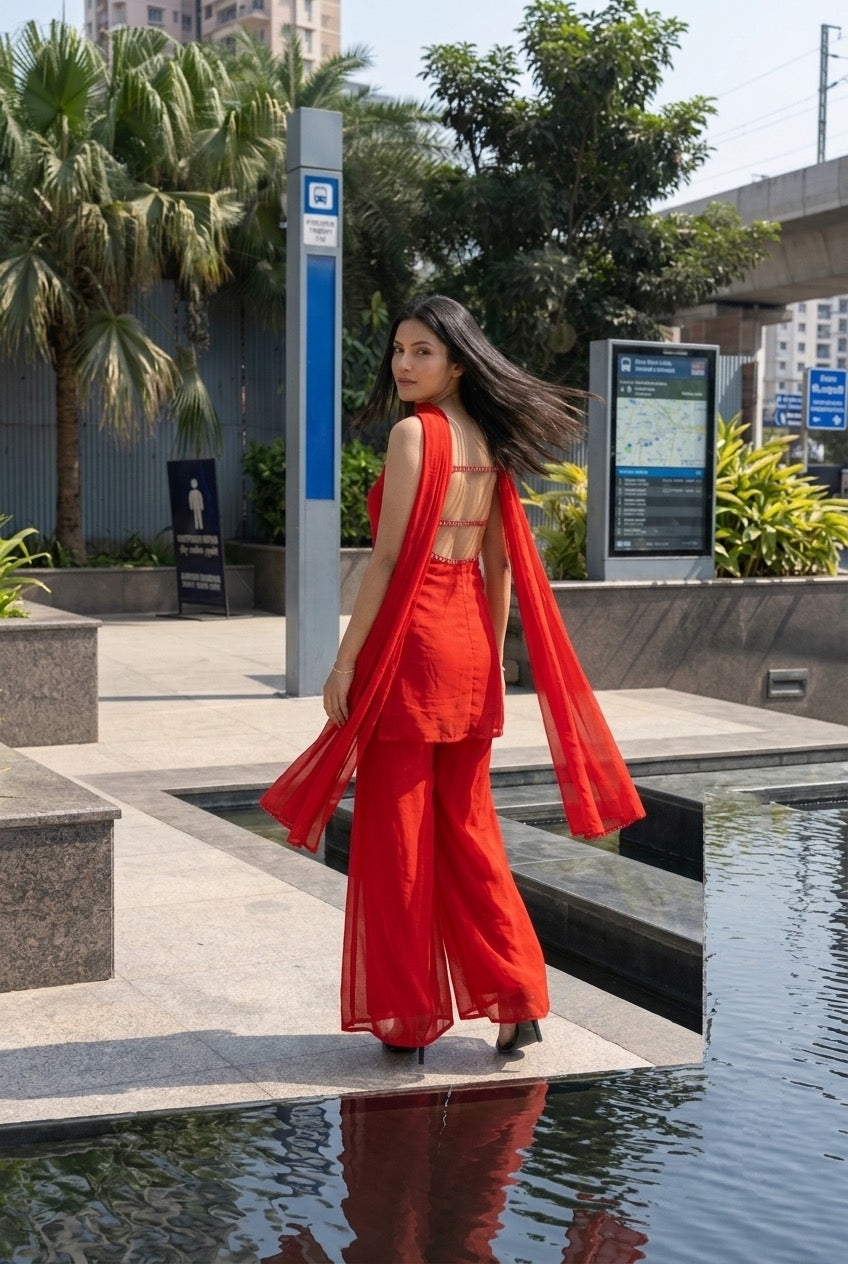 Elegant Red Kurti Palazzo Set with Embellished Neckline & Dupatta