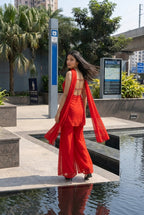 Elegant Red Kurti Palazzo Set with Embellished Neckline & Dupatta