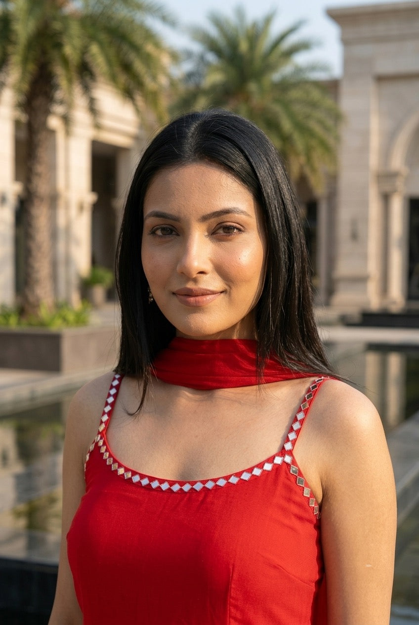 Elegant Red Kurti Palazzo Set with Embellished Neckline & Dupatta