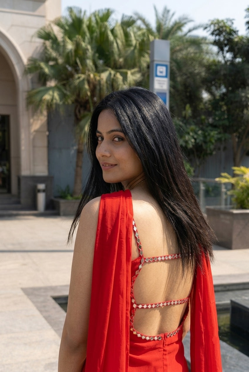 Elegant Red Kurti Palazzo Set with Embellished Neckline & Dupatta