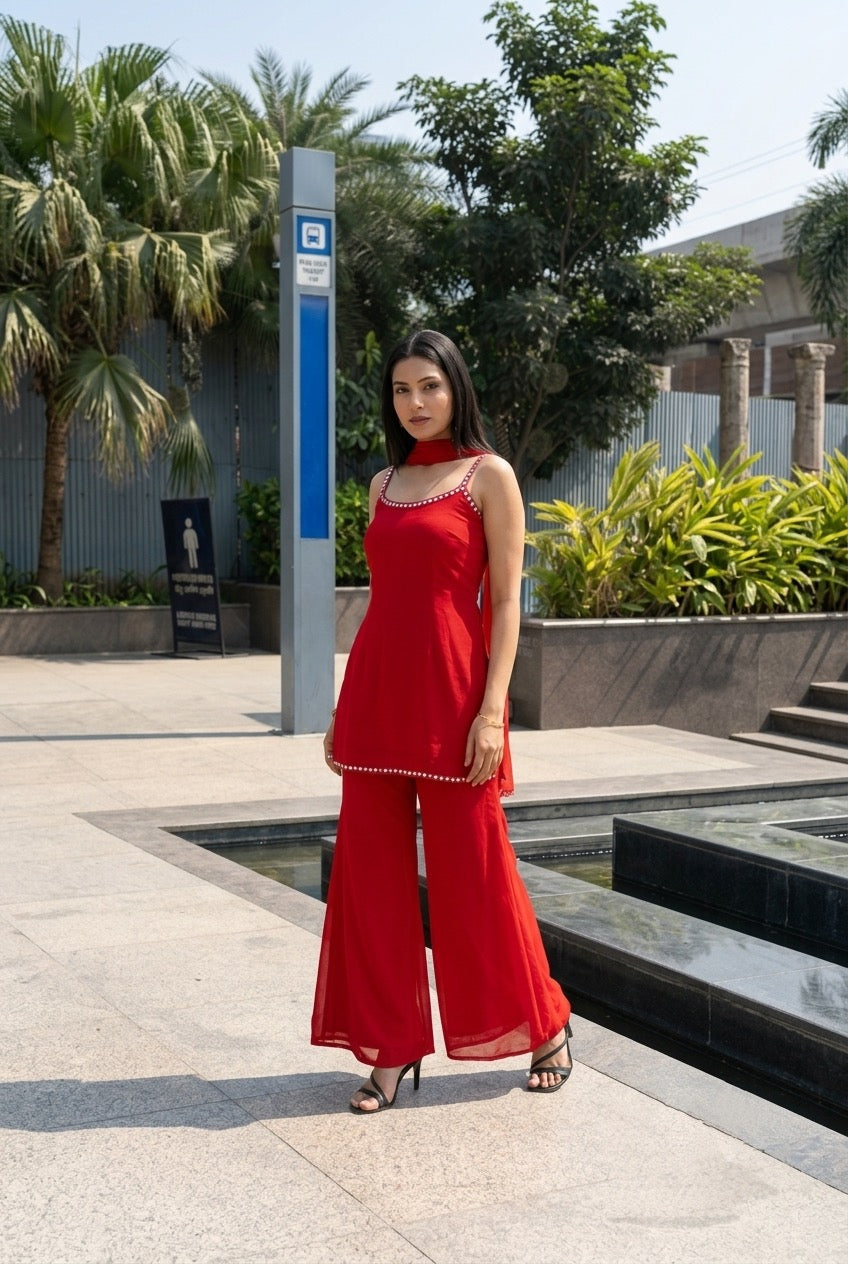 Elegant Red Kurti Palazzo Set with Embellished Neckline & Dupatta