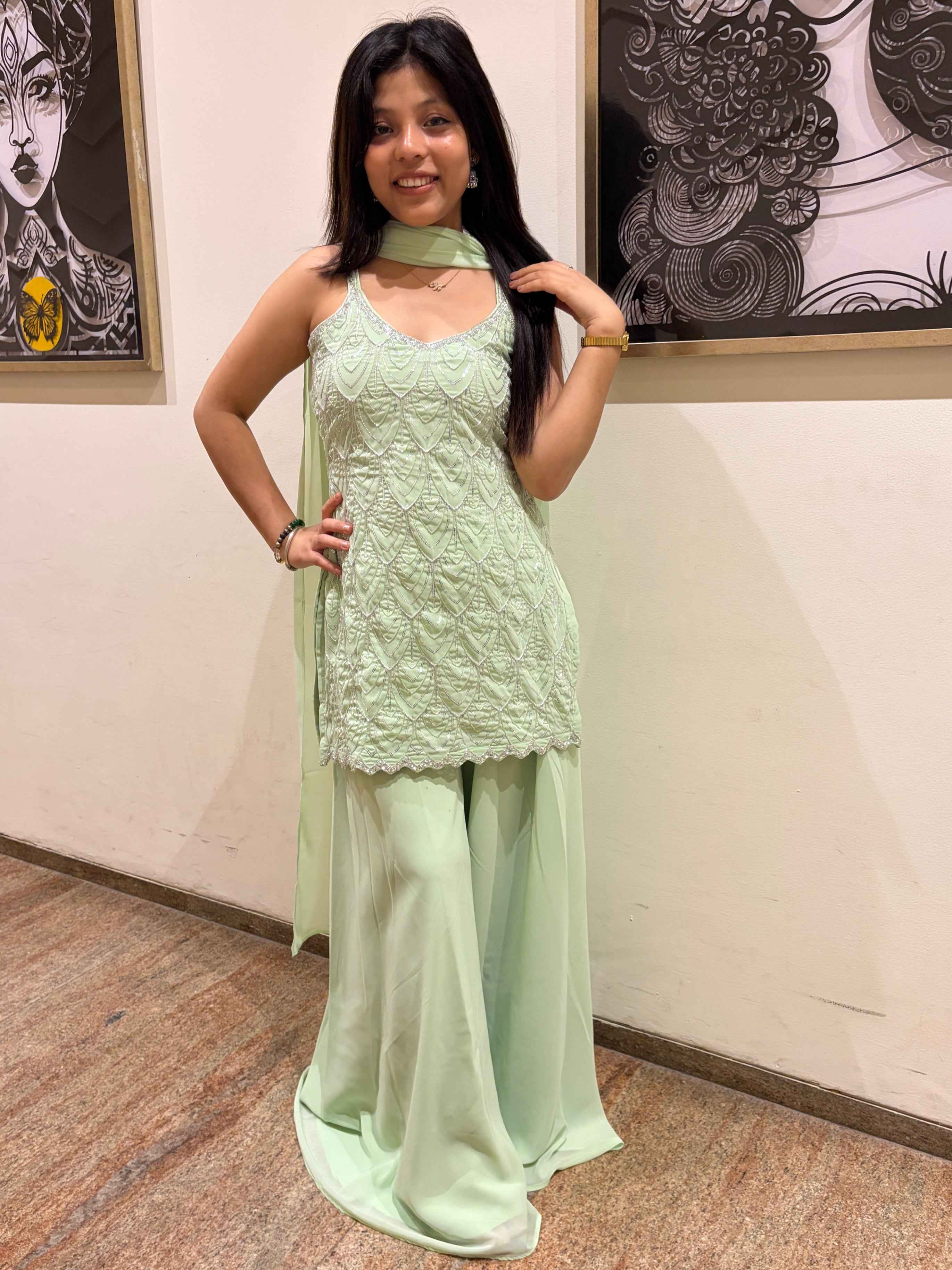 Mint Green Embroidered Gown - Elegant Floral Design Dress for Special Occasions, Perfect for Weddings and Parties - DevishaFashion
