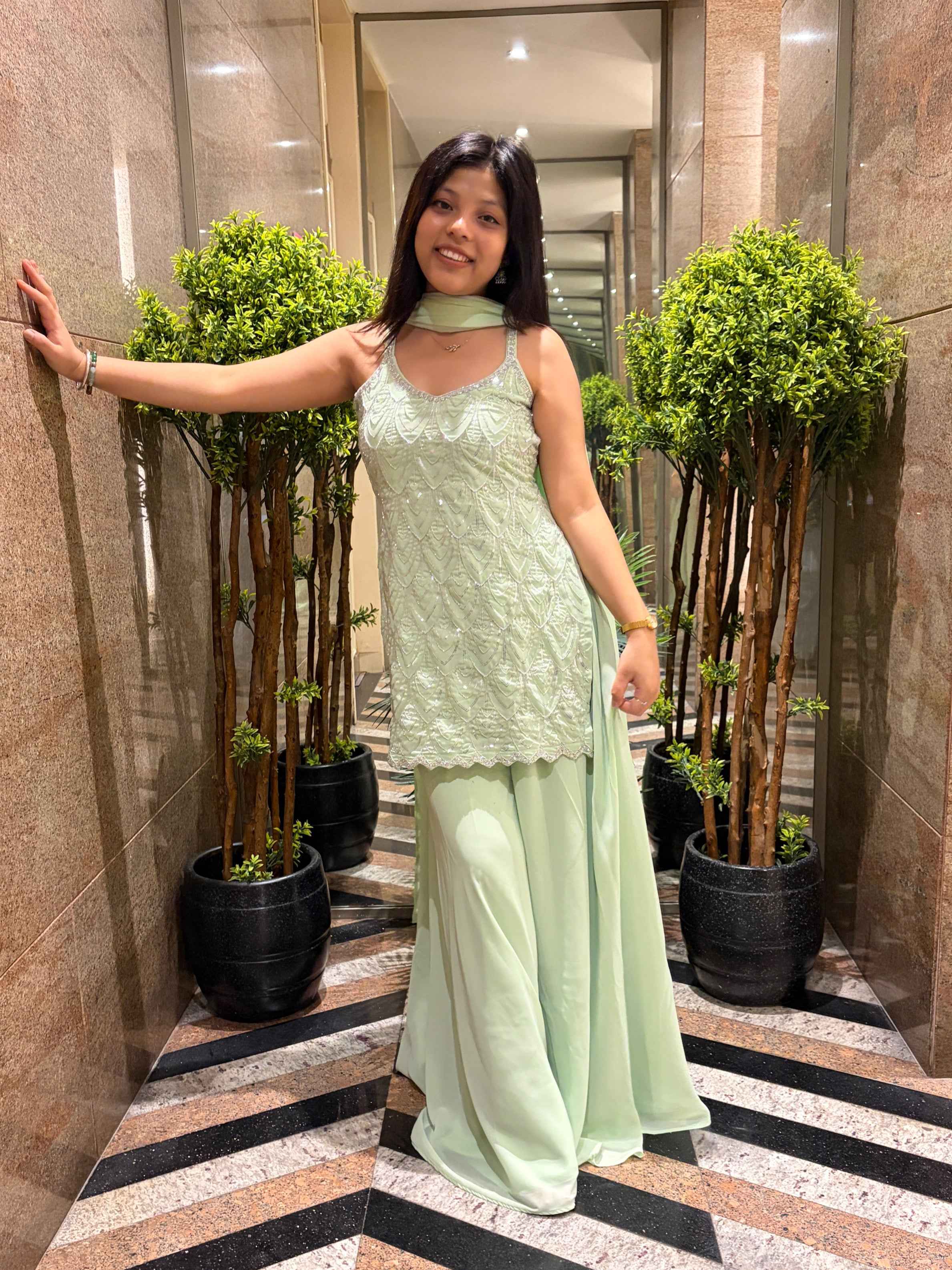 Mint Green Embroidered Gown - Elegant Floral Design Dress for Special Occasions, Perfect for Weddings and Parties - DevishaFashion