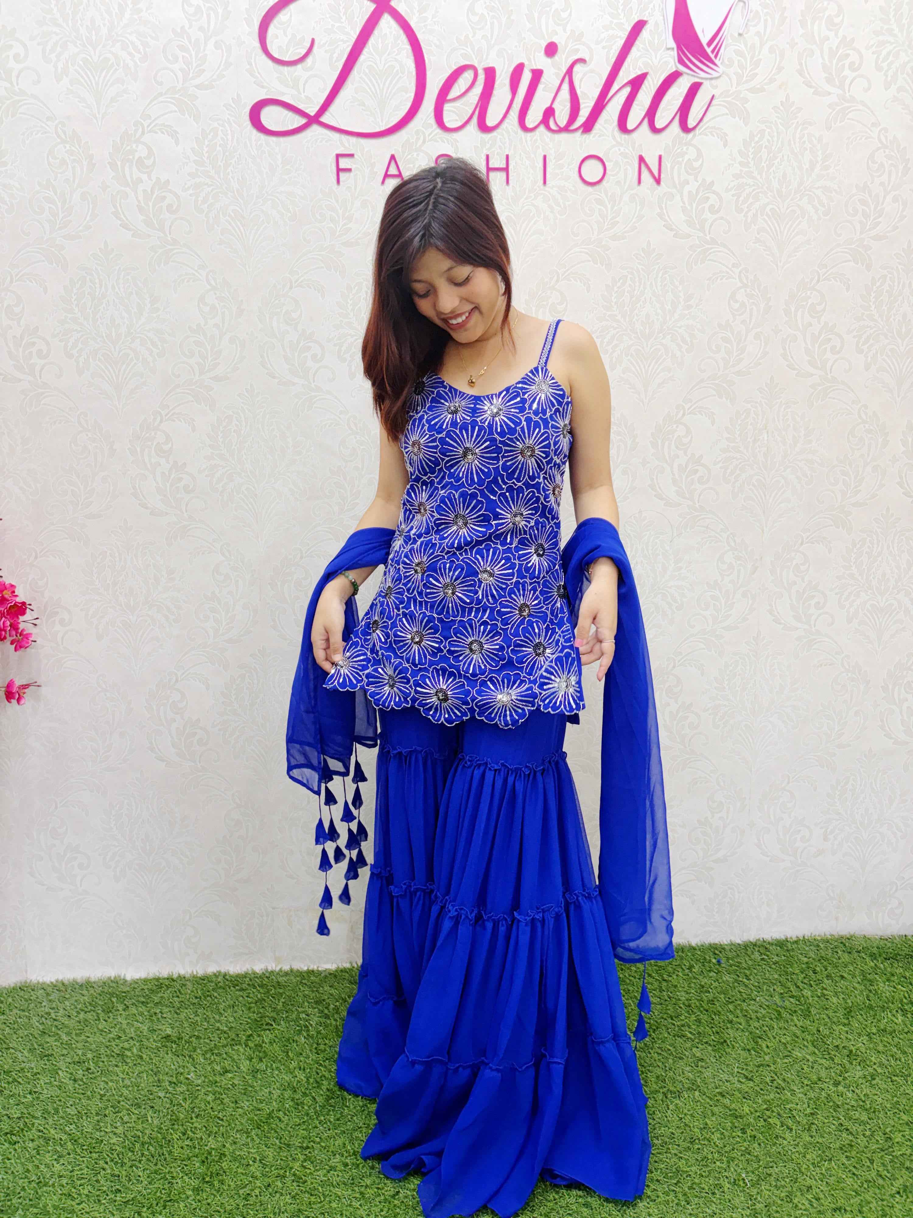 Royal Blue Floral Sharara Suit Set with Embroidery - DevishaFashion