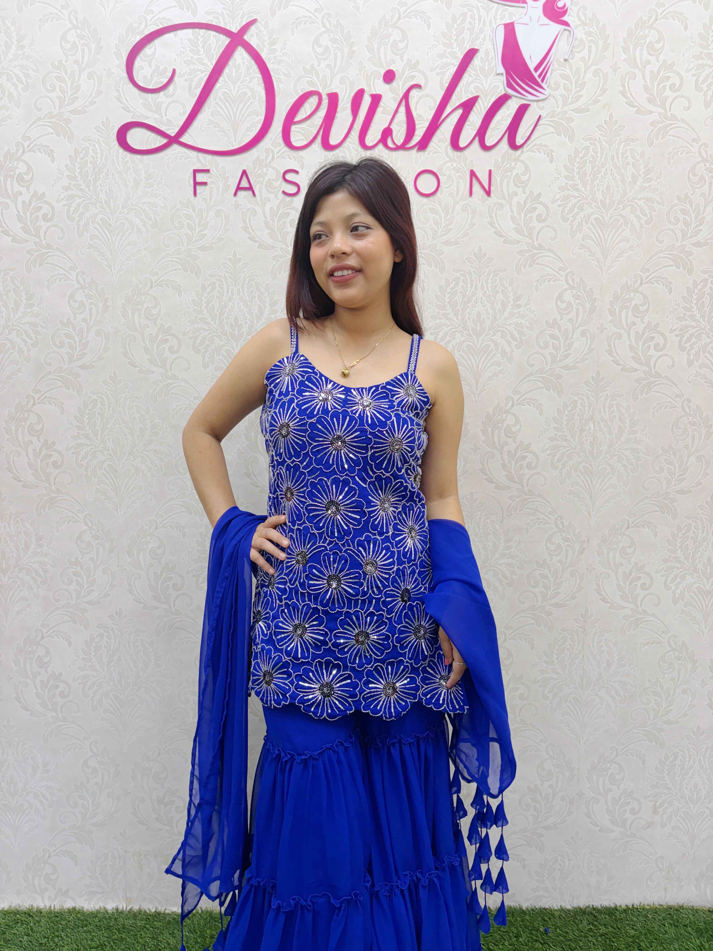 Royal Blue Floral Sharara Suit Set with Embroidery - DevishaFashion