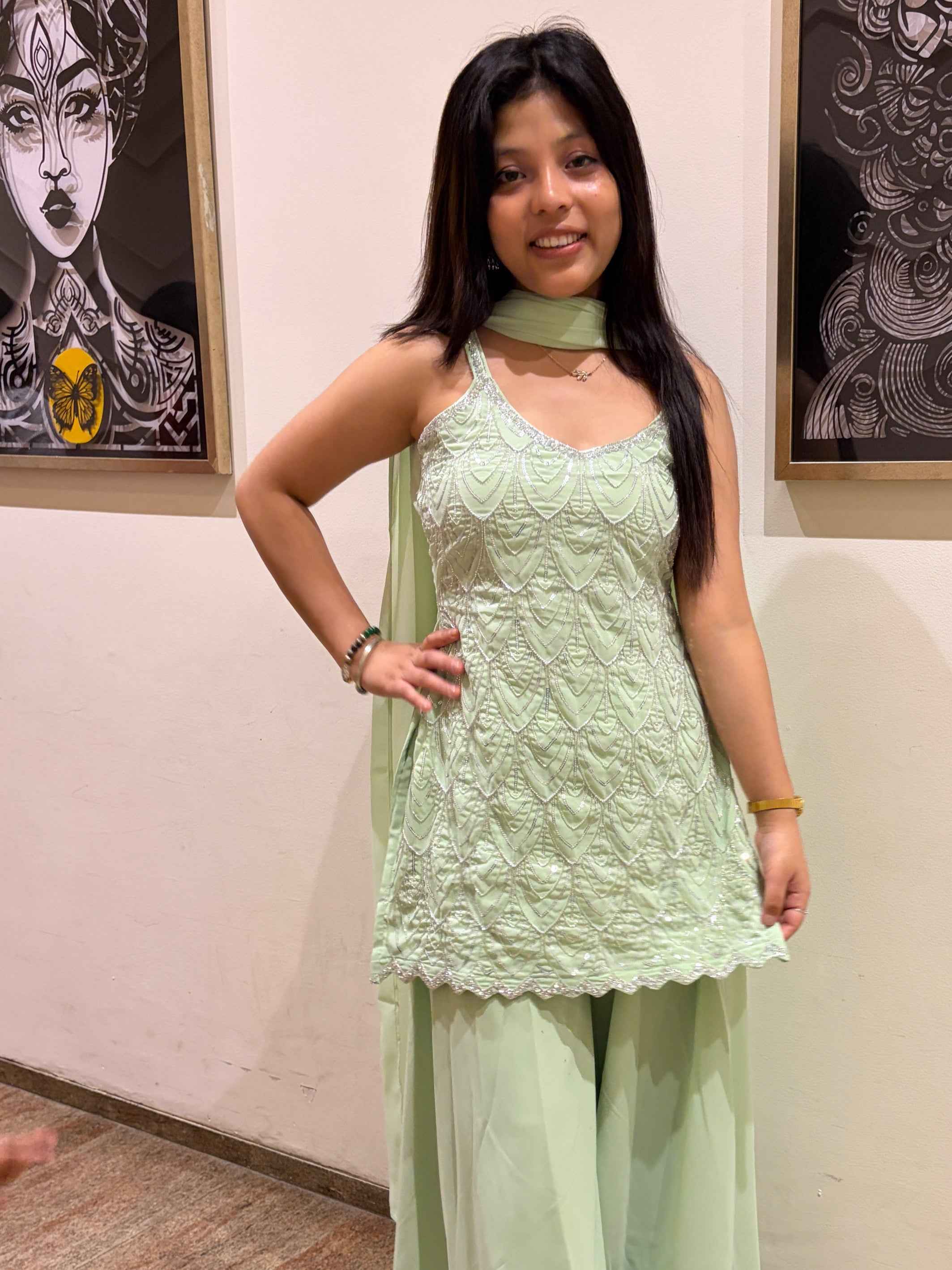 Mint Green Embroidered Gown - Elegant Floral Design Dress for Special Occasions, Perfect for Weddings and Parties - DevishaFashion