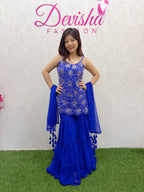 Royal Blue Floral Sharara Suit Set with Embroidery - DevishaFashion