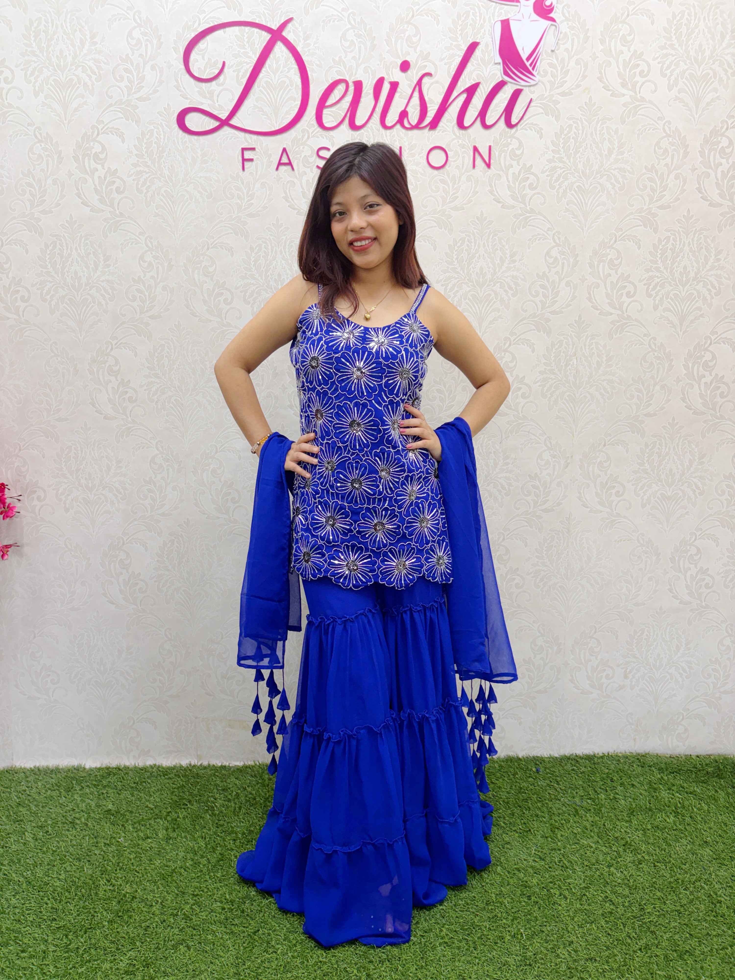 Royal Blue Floral Sharara Suit Set with Embroidery - DevishaFashion