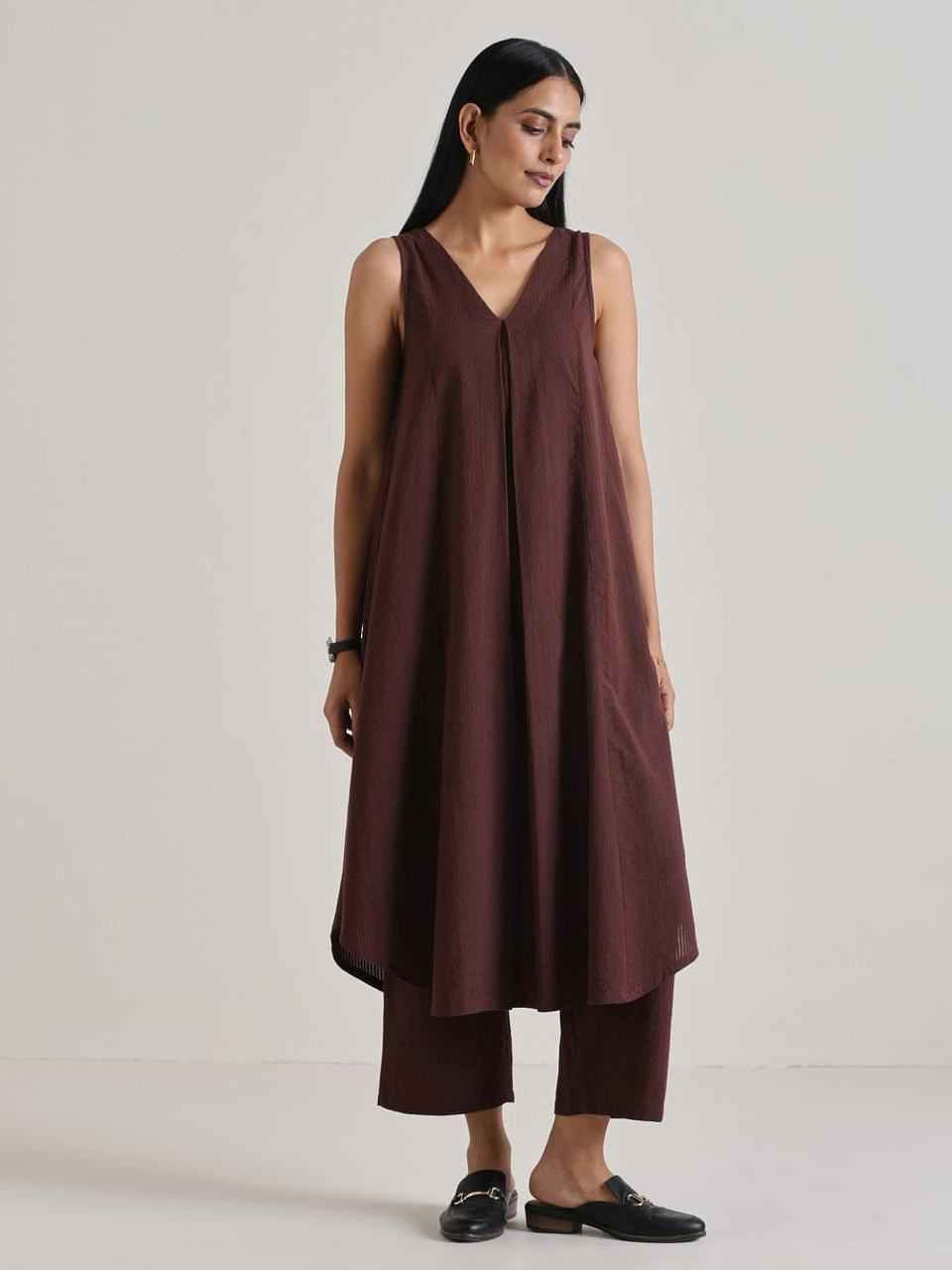 Chocolate Brown Flared Tunic Co-ord Set - DevishaFashion