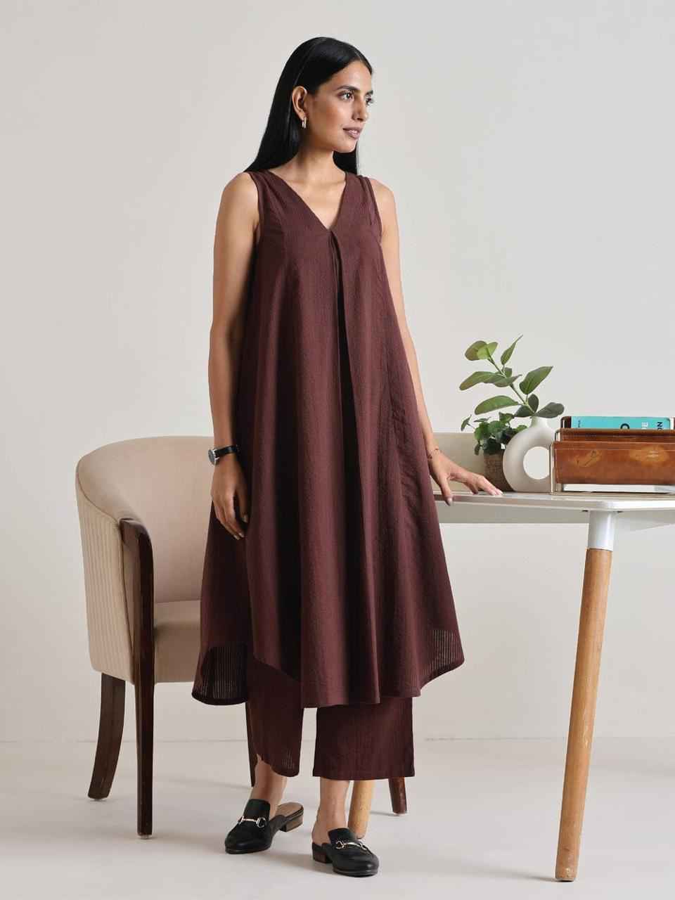 Chocolate Brown Flared Tunic Co-ord Set - DevishaFashion