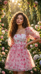 Pink Butterfly Print Organza Mini Dress