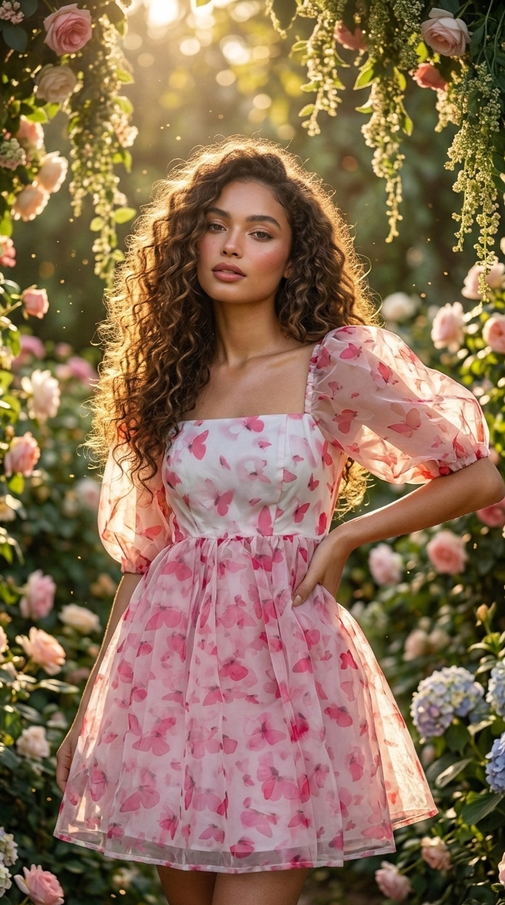 Pink Butterfly Print Organza Mini Dress