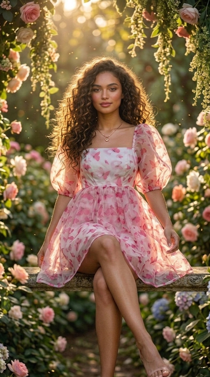 Pink Butterfly Print Organza Mini Dress