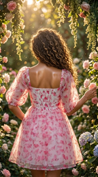 Pink Butterfly Print Organza Mini Dress