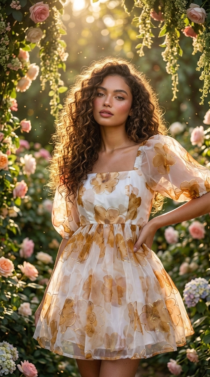 Golden Bloom Organza Mini Dress