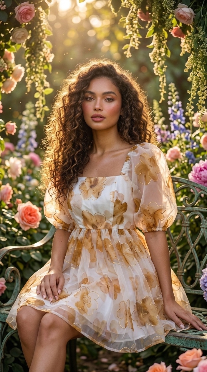 Golden Bloom Organza Mini Dress