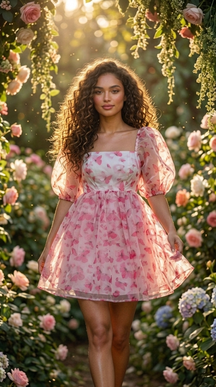 Pink Butterfly Print Organza Mini Dress