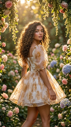 Golden Bloom Organza Mini Dress