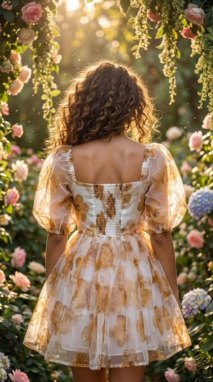 Golden Bloom Organza Mini Dress