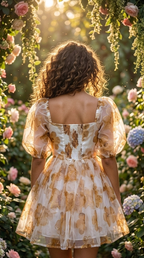 Golden Bloom Organza Mini Dress