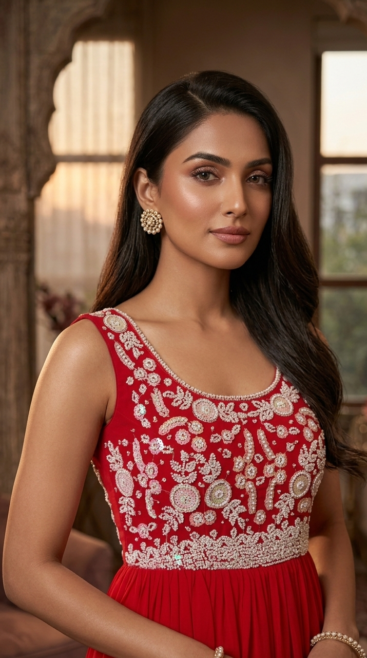 Royal Red Embroidered Georgette Anarkali Gown