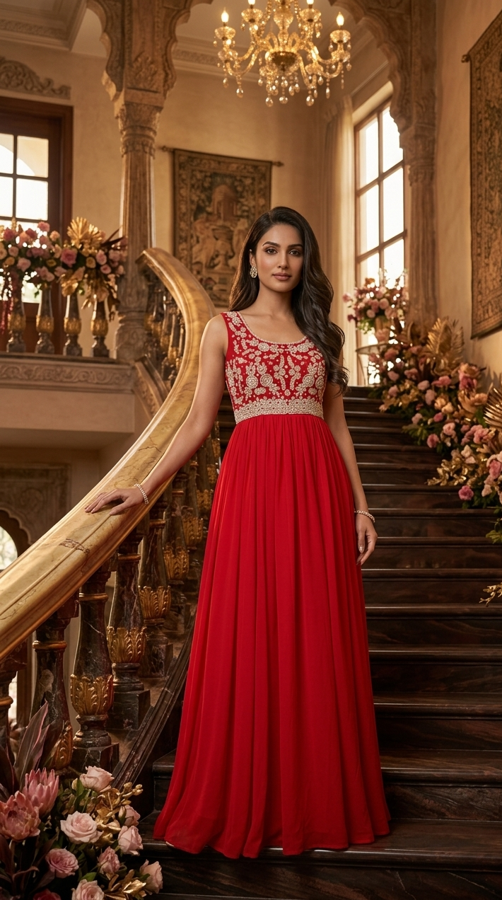 Royal Red Embroidered Georgette Anarkali Gown
