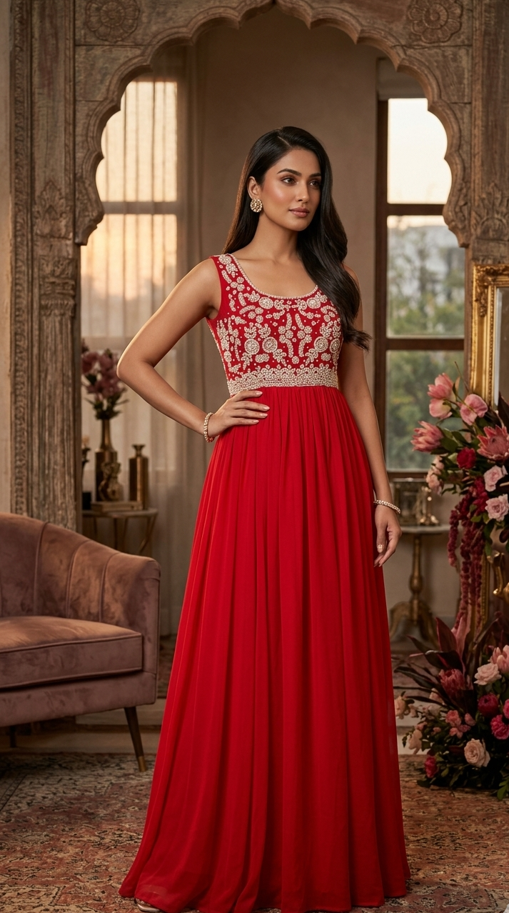 Royal Red Embroidered Georgette Anarkali Gown