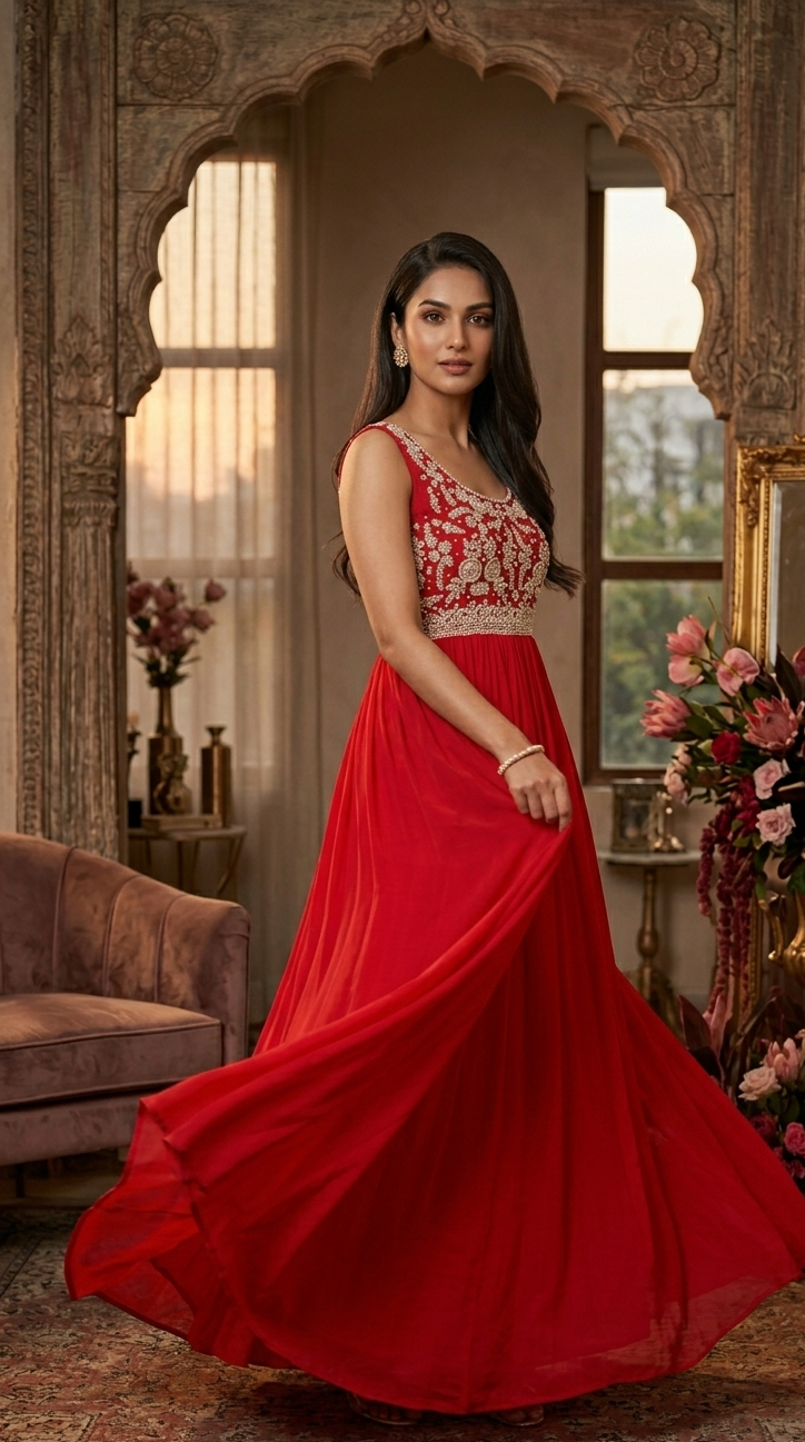 Royal Red Embroidered Georgette Anarkali Gown