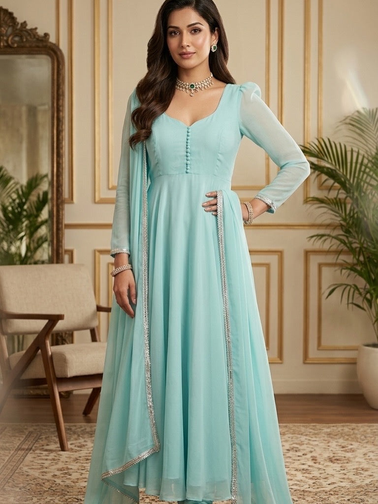 Elegant Mint Green Georgette Anarkali Suit Set with Dupatta