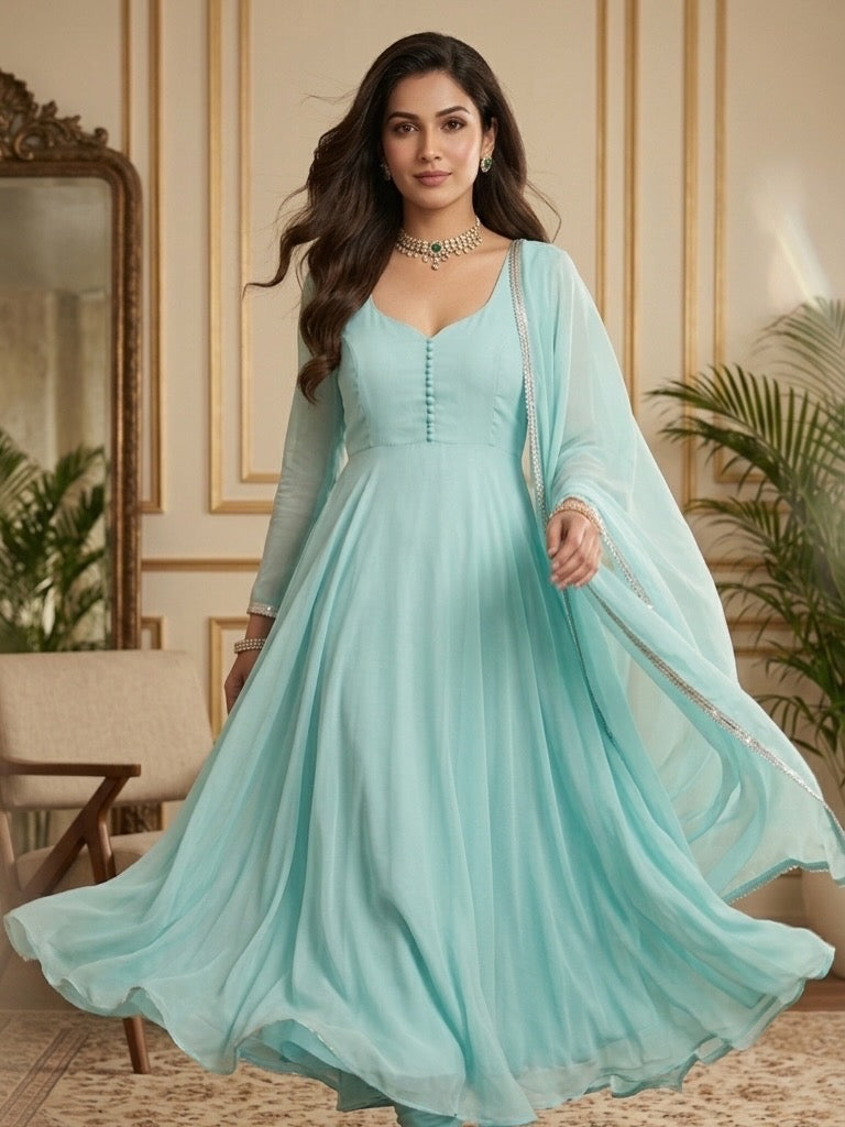 Elegant Mint Green Georgette Anarkali Suit Set with Dupatta