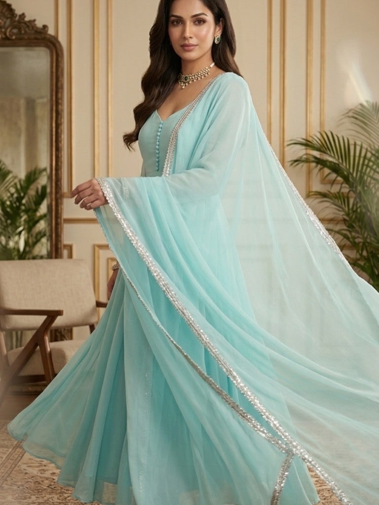 Elegant Mint Green Georgette Anarkali Suit Set with Dupatta