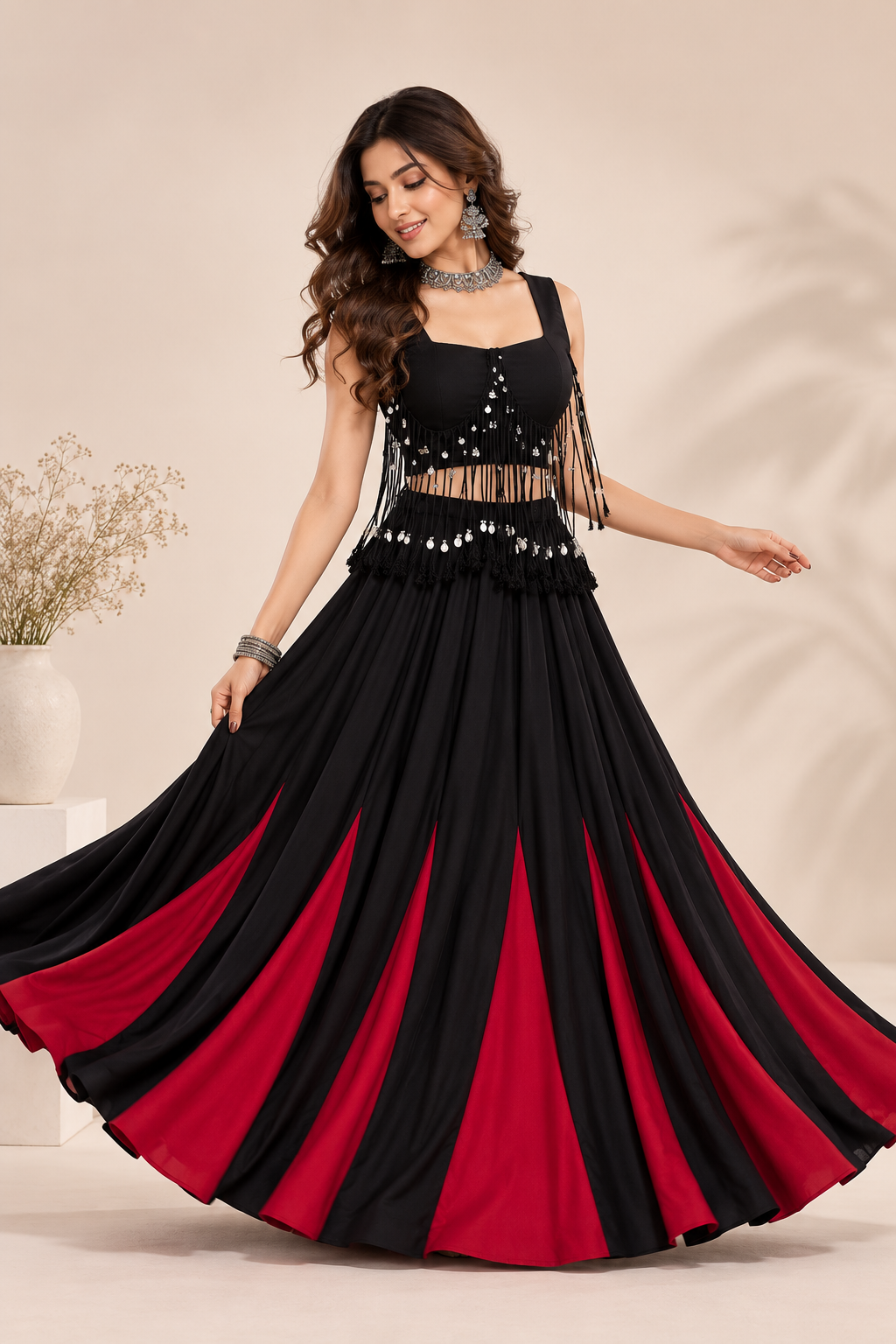 Black & Crimson Embellished Navratri Lehenga Choli | Garba & Dandiya Wear