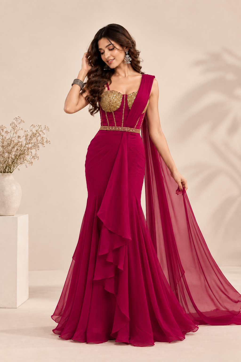 Magenta Ready-to-Wear Saree with Golden Embellished Blouse