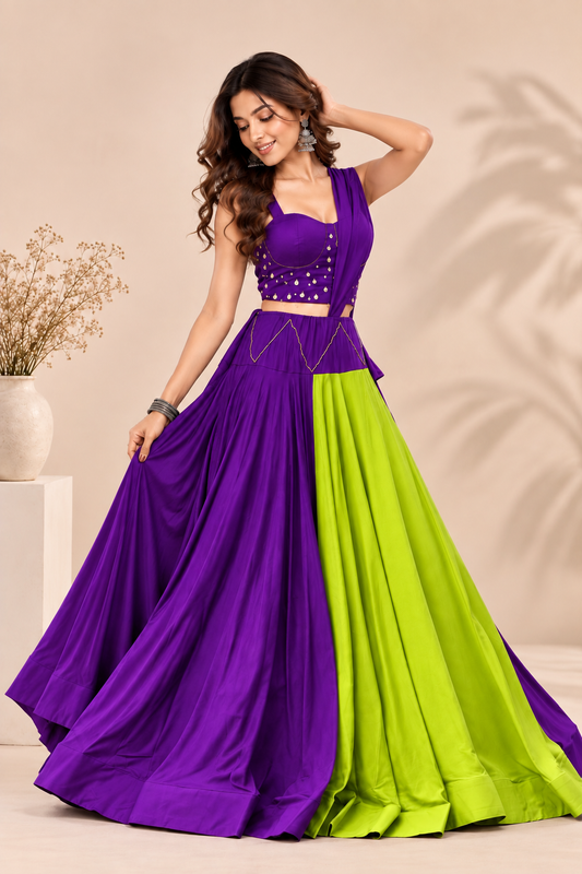 Purple & Lime Green Navratri Lehenga Choli Set | Coin Embellished Festive Garba Outfit
